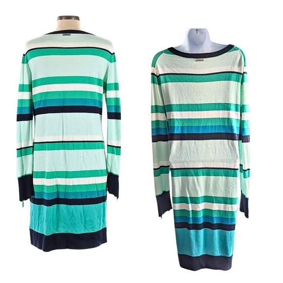 MICHAEL MICHAEL KORS Green Blue Stripe V-Neck LongSleeve Sweater Mini Dress Sz L - Picture 6 of 8